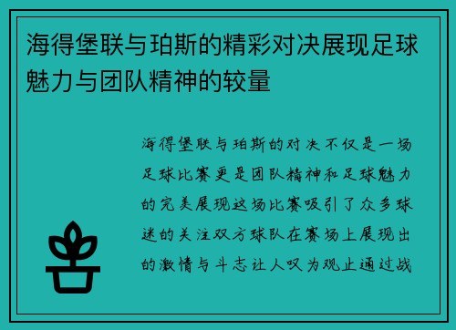 海得堡联与珀斯的精彩对决展现足球魅力与团队精神的较量